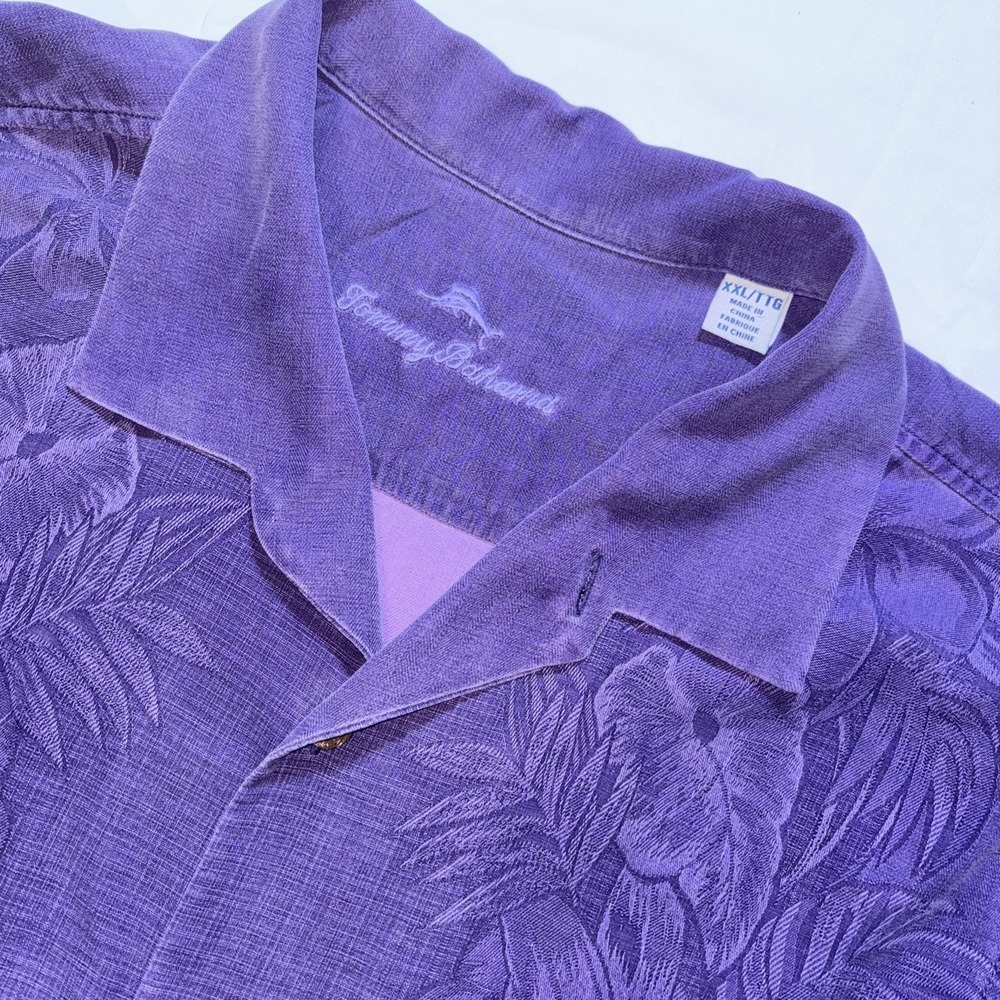 Tommy Bahama Original Fit Silk Tropical Leaf Print Short Sleeve Shirt PURPLE XXL